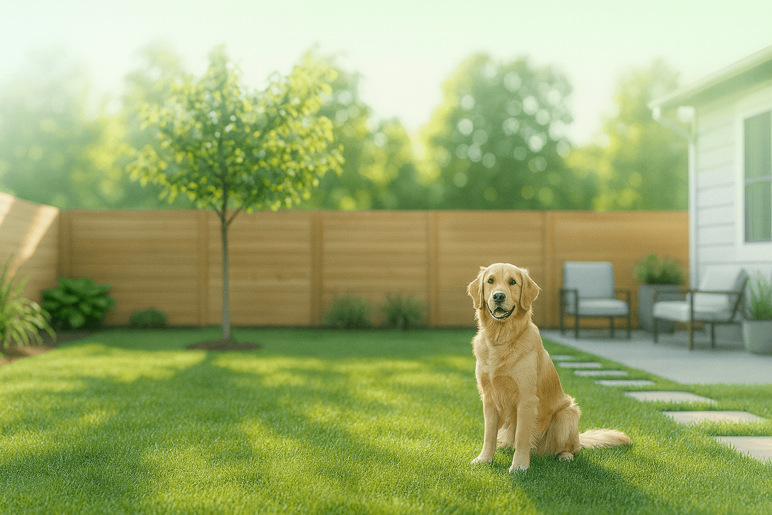 Clean Minneapolis yard after professional dog waste removal service - lush green grass and beautiful landscaping